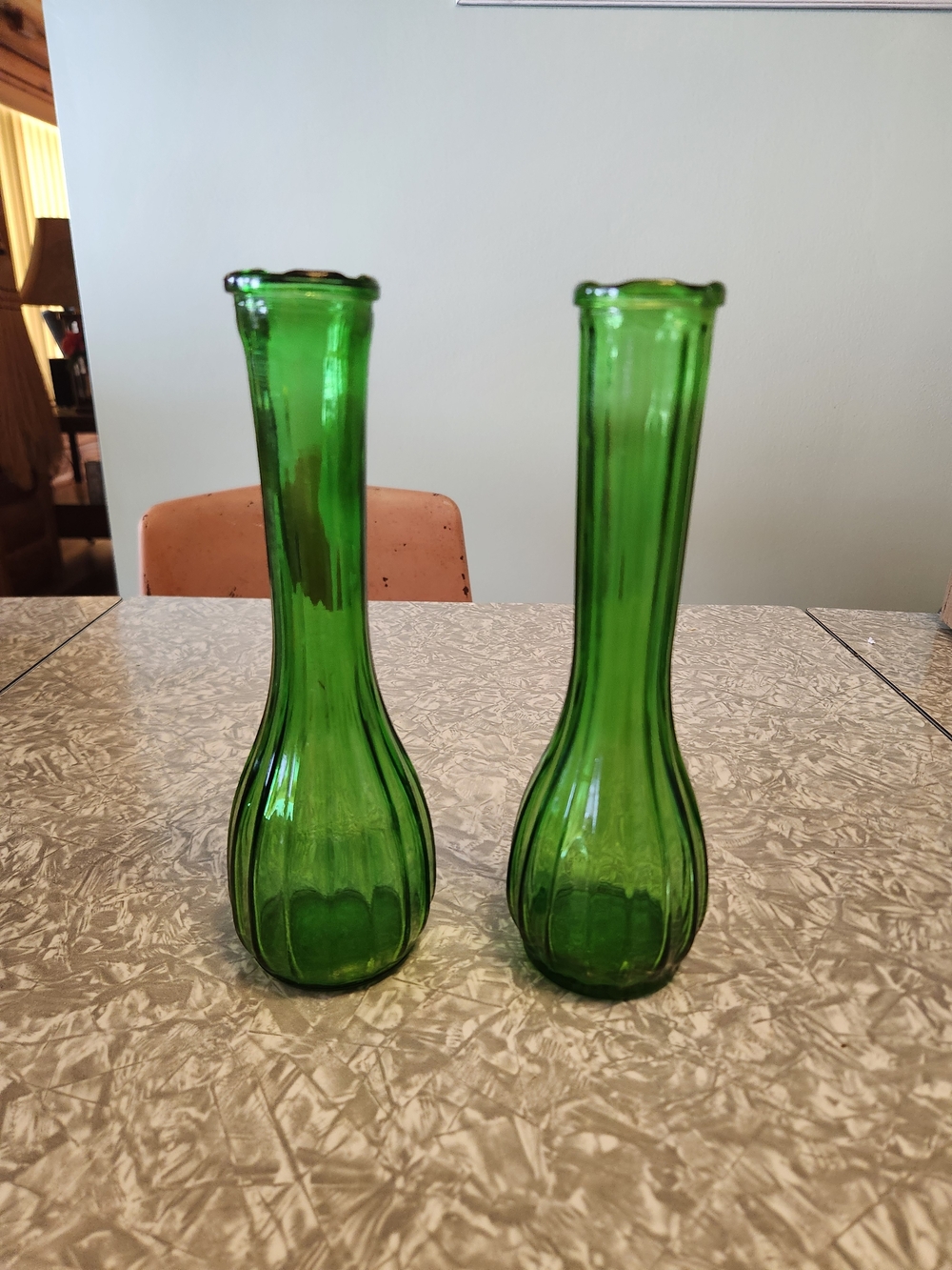 Source Unknown Emerald Green Ribbed Glass Bud Vases - Pair
